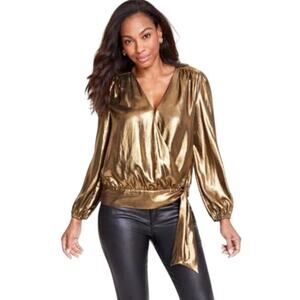 INC International Concepts Women's Foil Tie-Waist Wrap Blouse in Gold